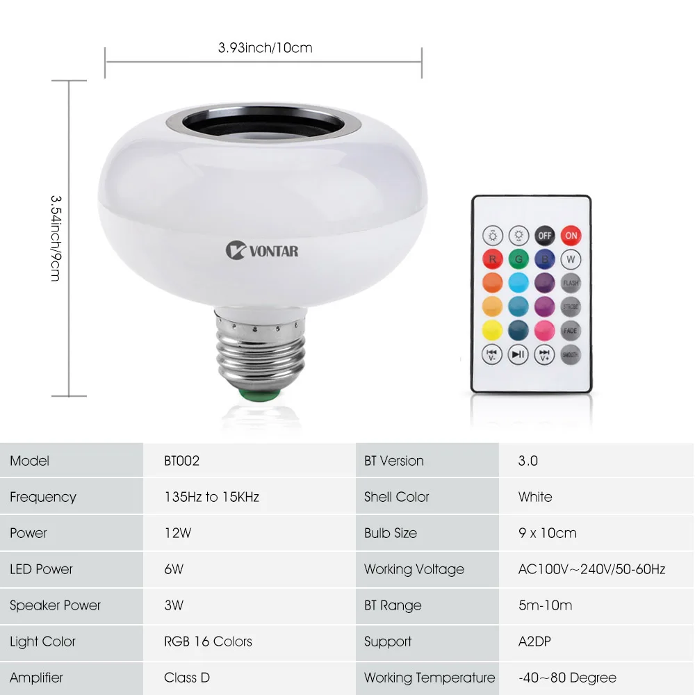 VONTAR Smart RGB Беспроводной Bluetooth Динамик лампы музыка затемнения E27 светодио дный
