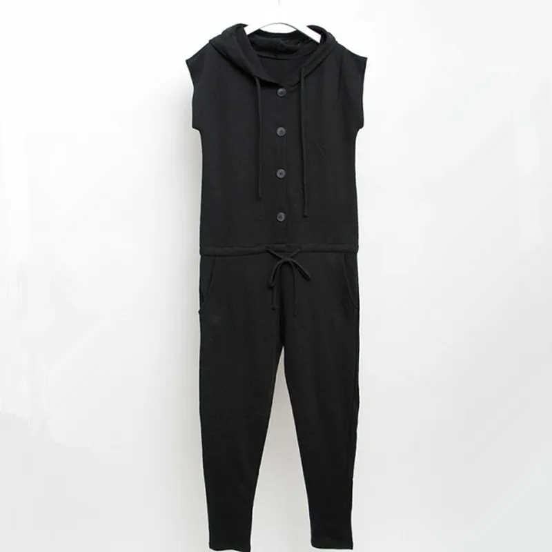 Женский комбинезон с капюшоном черно серый Модный шаровары лето 2017|grey jumpsuit|fashion