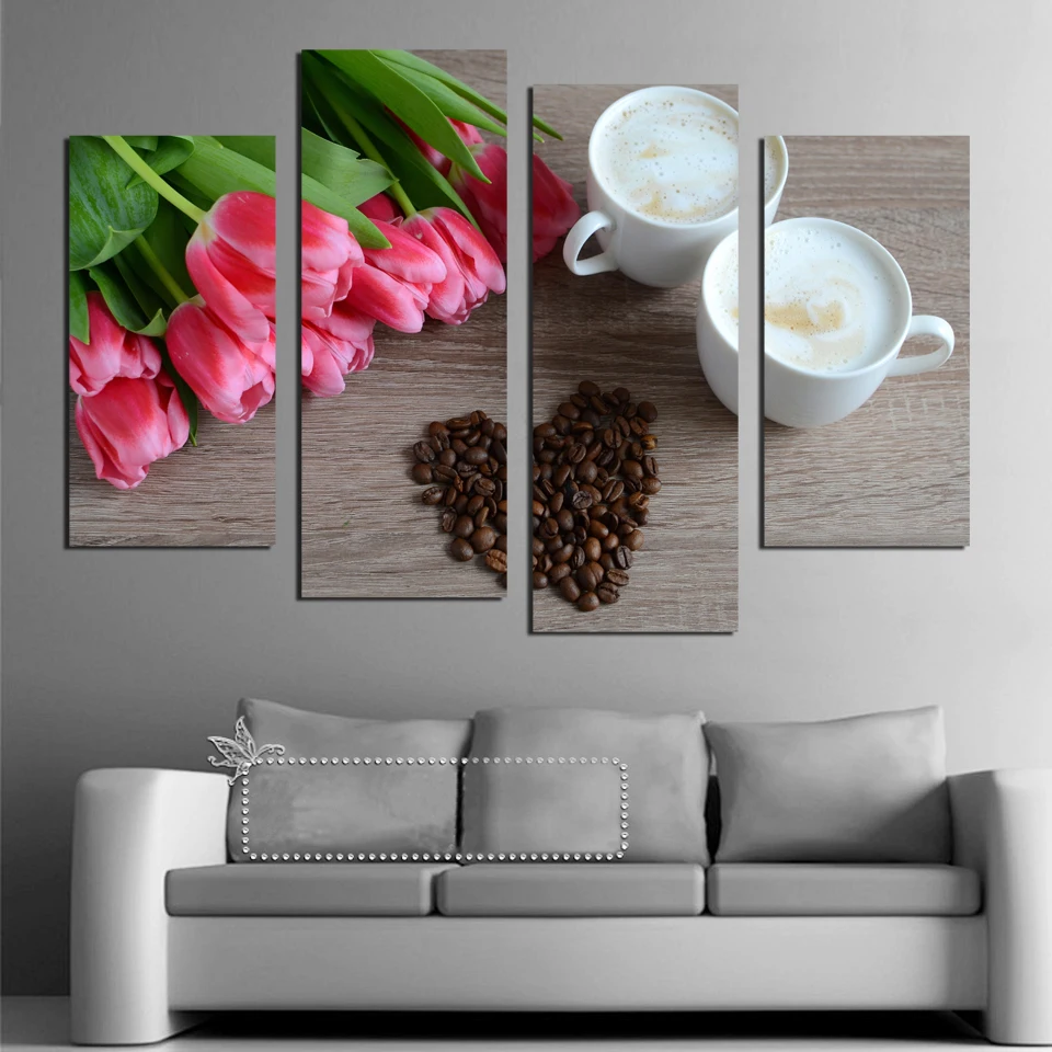 4 Pcs/Set red rose coffee beans love shape Canvas Prints Painting Modern hd flower pictures Wall for Living Room Decor | Дом и сад