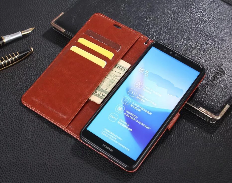 Роскошный кожаный чехол кошелек с подставкой в стиле ретро для Huawei Y9 2018 2019 на Y5 Prime