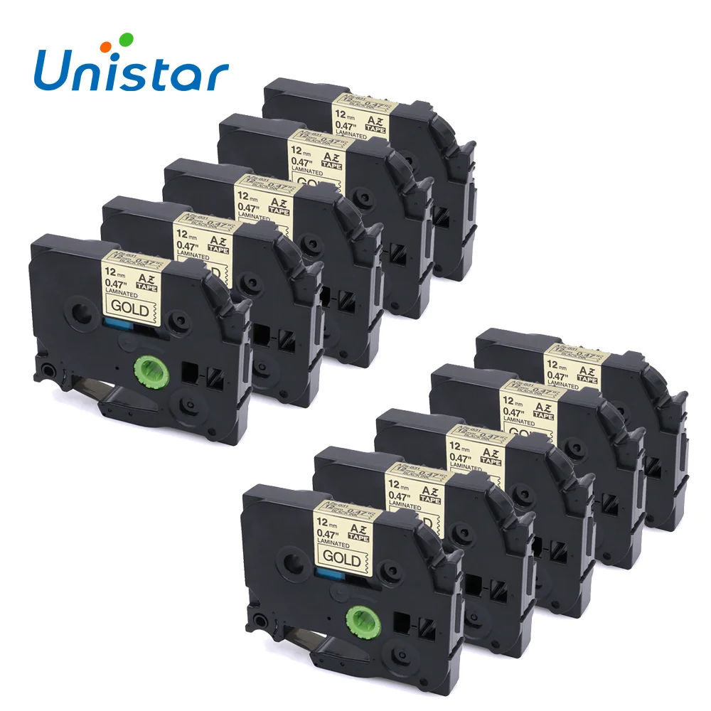 Unistar 10PCS TZe 831 совместимый с Brother P touch Tape 12mm черный на золоте TZe831 ламинированная