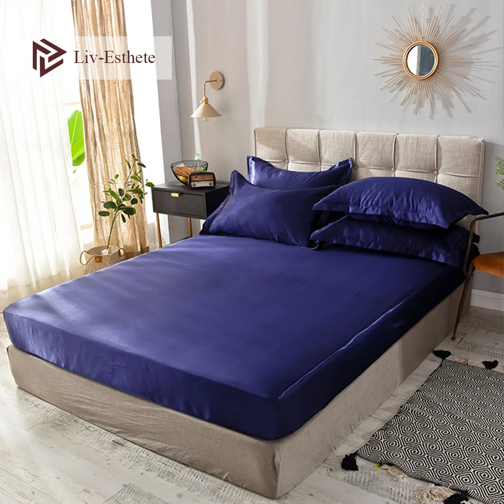 

Liv-Esthete Wholesale Luxury 100% Satin Silk Dark Blue Fitted Sheet Silky Mattress Cover Queen King Bed Sheets For Women Men 1pc
