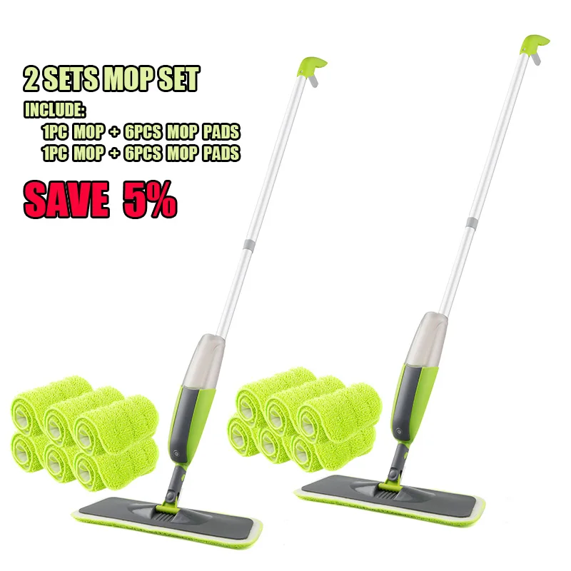 green 2 set 6rags Швабра с распылителем для деревянных полов, Пылезащитная швабра с микрофиброй, машинная моющаяся Подушечка для быстрого пылесоса, бутылка для воды многоразового использования - Цвет: green 2 set 6rags