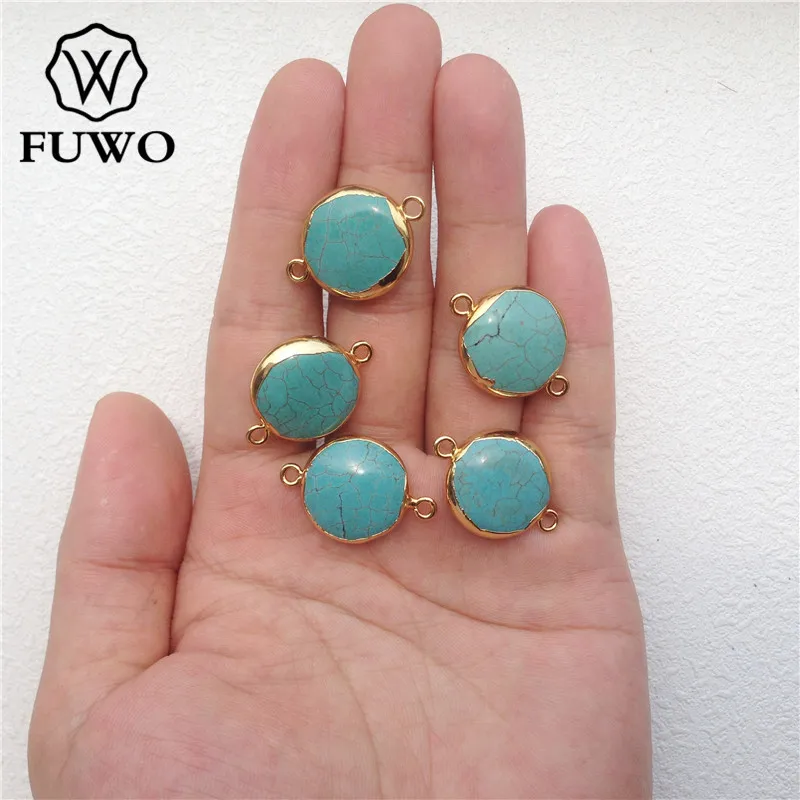 Круглые бирюзовые подвески FUWO с позолотой 24 карата необработанные двойные