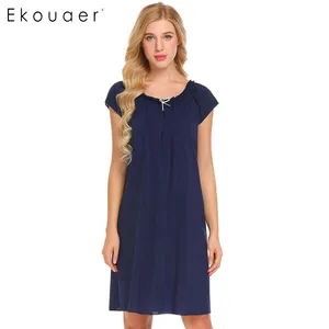 Ekouear повседневное женское ночное белье с коротким рукавом, гофрированное платье для сна, однотонная Свободная шифоновая ночная рубашка, женская ночная рубашка