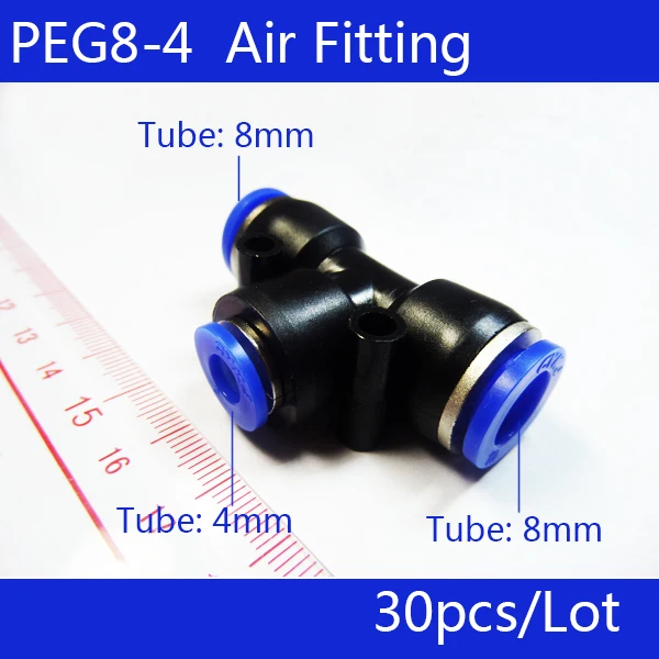 

Free shipping 30pcs PEG 8MM - 4MM Pneumatic Unequal Union Tee Quick Fitting Connector Reducing Coupler PEG8-4