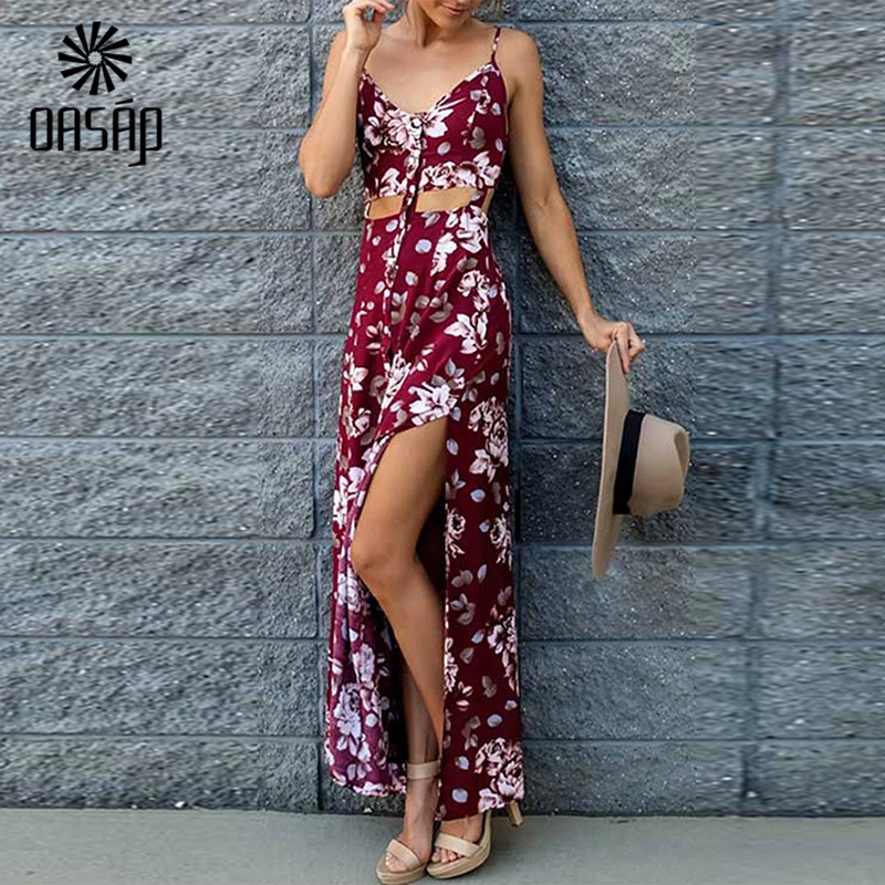 OASAP 2016 женская Мода Одежда для Пляжа Boho Цветочным Принтом вырез Дизайн Высокая