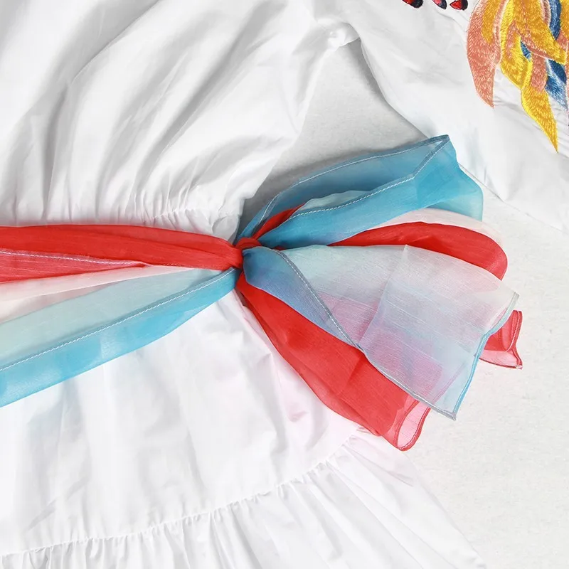 Феникс Вышивка 2019 Подиум Круглый вырез фонарь длинный рукав Высокая талия цвет