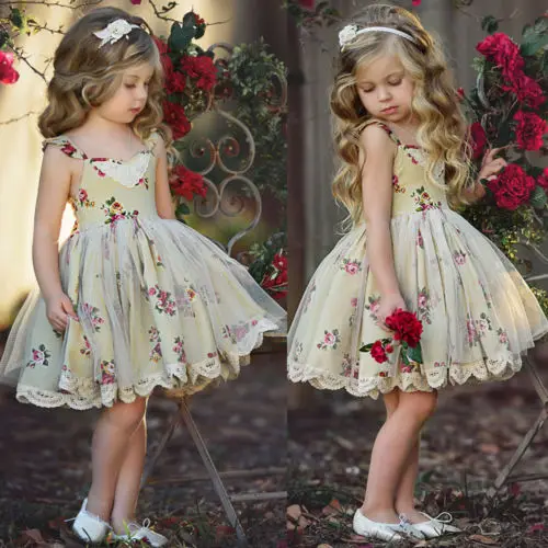 Princess Kids Girls Floral Dress Summer Baby Girl Sleeveless Lace Flower Party Toddler Tulles Tutu Ball Gown | Детская одежда и