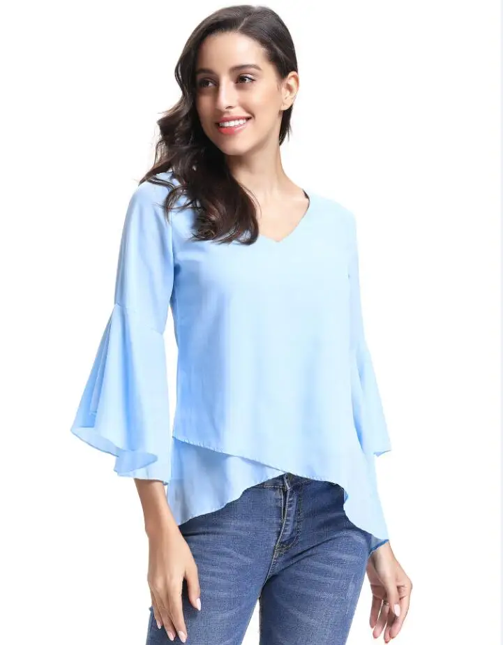 Light blue Abollria, женские элегантные блузки,, летние, повседневные, с рюшами, блузка, рубашка, твердые, v-образный вырез, шифоновые блузки, свободные, одноцветные Топы - Цвет: Light blue