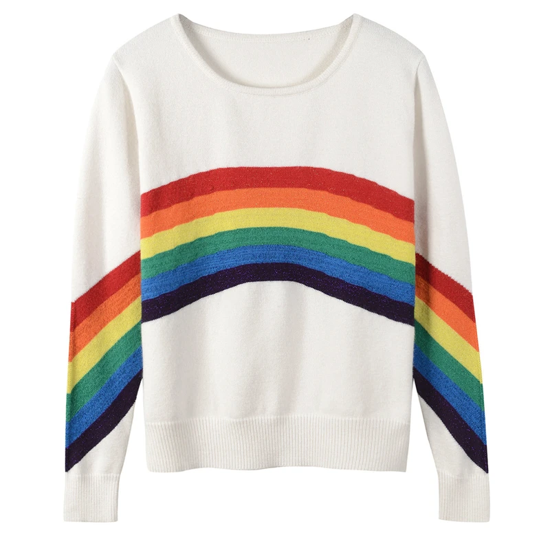 Luxury Designer Contrast Color Women O-neck Long Sleeve Knit Sweater Loose Casual Rainbow Striped PulloversTops Autumn Winter | Женская