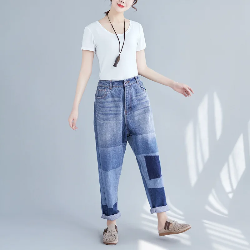 

Женские джинсы с градиентом, модные джинсы в стиле пэчворк с эластичной талией, свободные брюки, индивидуальная уличная одежда, женская оде...