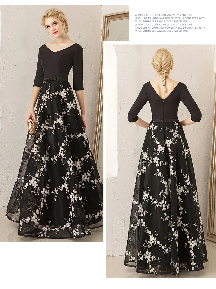 Вечернее платье черное сексуальное с v-образным вырезом Robe De Soiree длинного размера плюс с открытой спиной платья для выпускного вечера женские вечерние платья с коротким рукавом E564