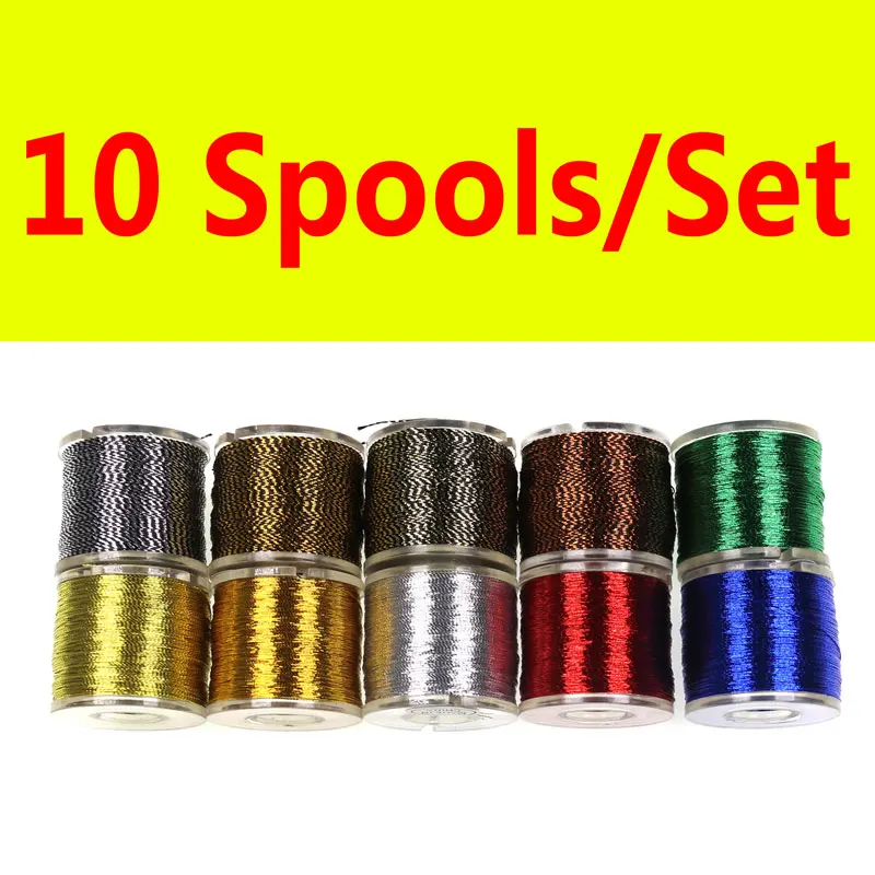 10 Spools Set Bimoo 100 Ярд/катушка 0,25 мм металлическая нить для обмотки стержней мухобойка стример Nymph Midge тело ребра плоская мишура материал - Цвет: 10 Spools Set