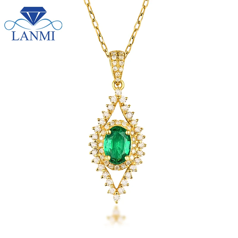 

LANMI Luxury Colombia Emerald Pendant Necklace 14K Yellow Gold Natural Diamond for Women Anniversary Fine Jewelry