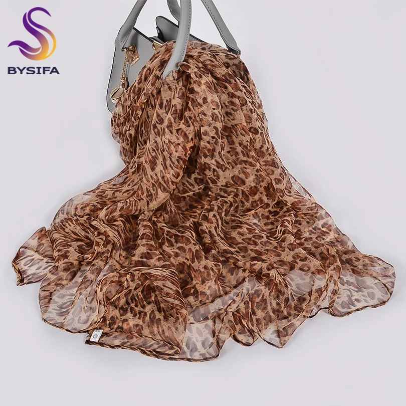 

[BYSIFA] Coffee Women Scarves New Brand Leopard Print Long 100% Pure Silk Scarf Shawl Spring Autumn Ladies Neck Head Scarf Hijab