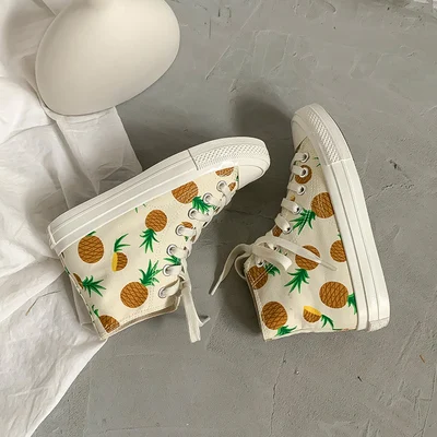 pineapple Женские кроссовки с ананасом; женская парусиновая обувь с высоким берцем; Милый принт с фруктами; клубника; Новинка года; сезон весна; стильная модная женская обувь - Цвет: pineapple