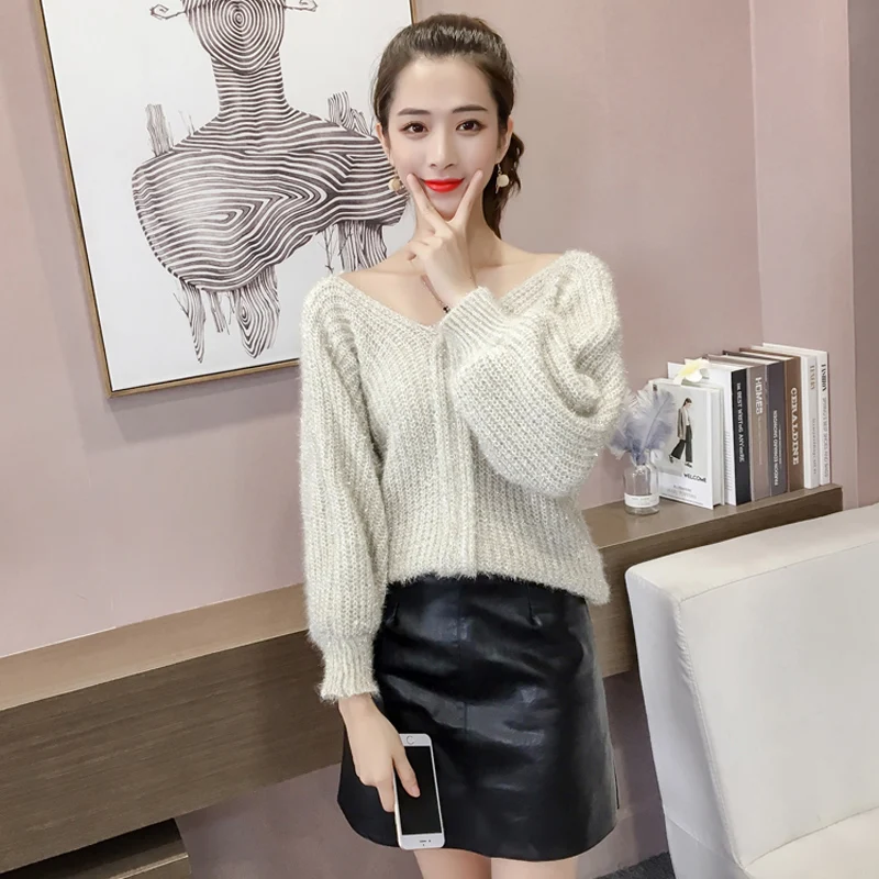 QoerliN Sexy V-Neck Sweater Winter Women Lantern Long Sleeve Pullover Lurex Loose Casual Knitting Jumper Girl Autumn New Arrival | Женская