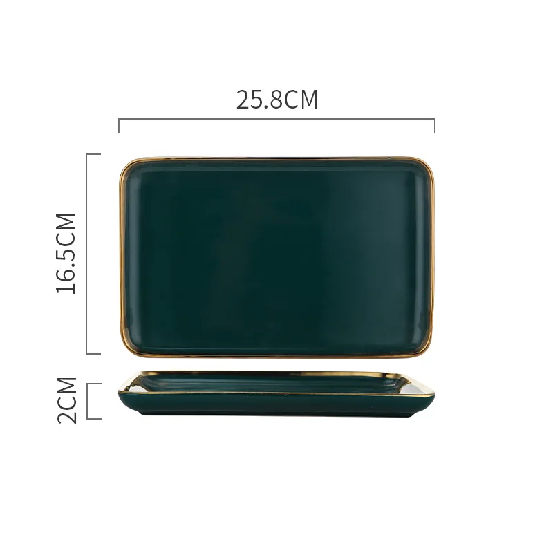 16.5X25.8X2CM Посуда зеленый керамический столовый сервиз Золотая инкрустация фарфоровая десертная тарелка стейк закуски торт тарелка салат суп рисовая миска - Цвет: 16.5X25.8X2CM