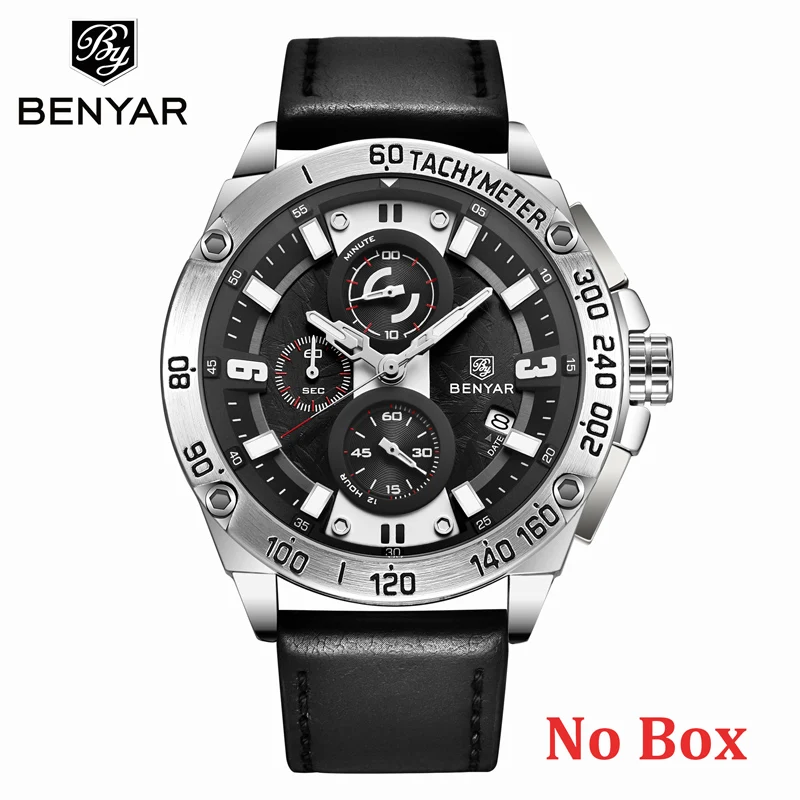 Silver No Box BENYAR, мужские часы, золотые часы, мужские кварцевые часы в стиле милитари, Wriswatch, для мужчин, s, лучший бренд, роскошные часы с хронографом, Relogio Masculino - Цвет: Silver No Box