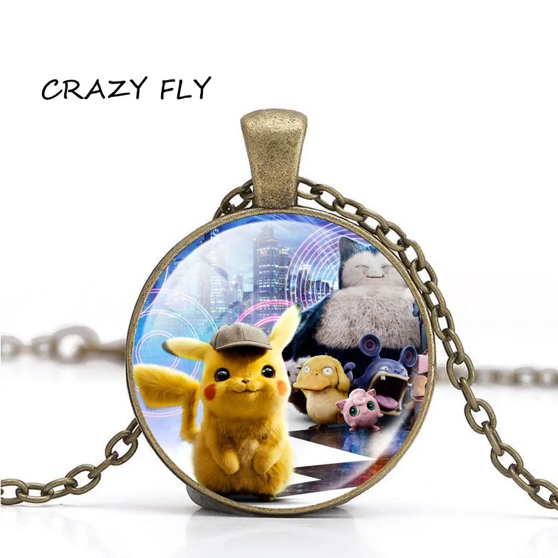 CRAZY FLY POKEMON Detective Pikachu Necklace Alloy Cabochon Glass Pendant Jewelry For Women|Ожерелья с подвеской| |
