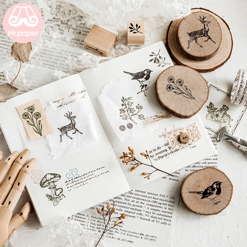 Mr Paper 25 designs Forest Animals Plants Growth Ring Wooden Rubber Stamps for Scrapbooking Decoration DIY Craft | Канцтовары для