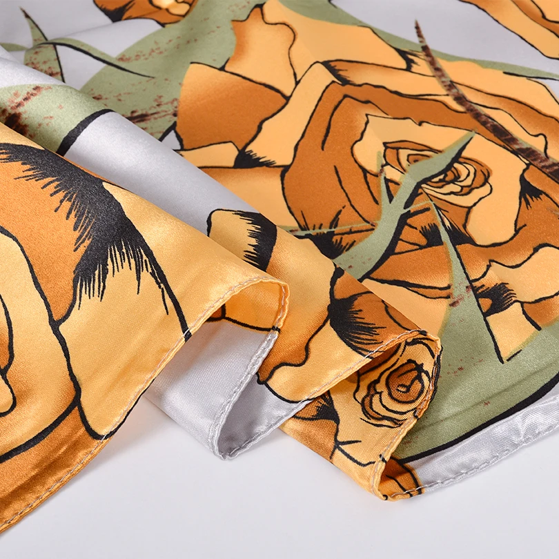 [BYSIFA] Grey Gold Silk Scarf Shawl Women Elegant Muslim Hijab New Brand Fall Winter Roses Design Head Cape 90*90cm |