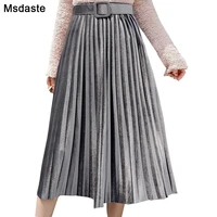 skirts women 2019 autumn mid calf length faldas mujer moda elastic high waist jupe femme saia midi solid female pleated skirt