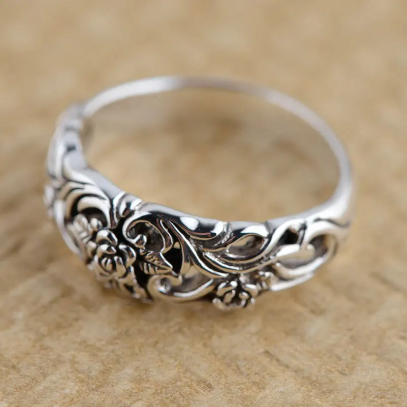 Женское Винтажное кольцо FNJ 925 пробы Серебряное с цветком розы S925|thai silver ring|rose flower