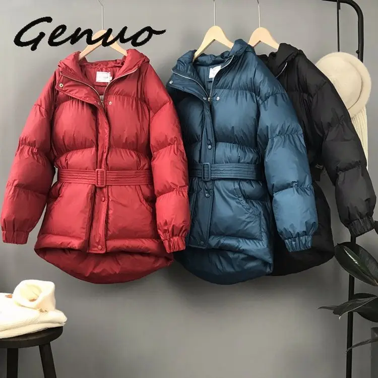 Genuo New Three Color Solid Women Parkas Hooded Zipper Single Breasted Coat Winter Thick Korean Fashion Sashes Jacket