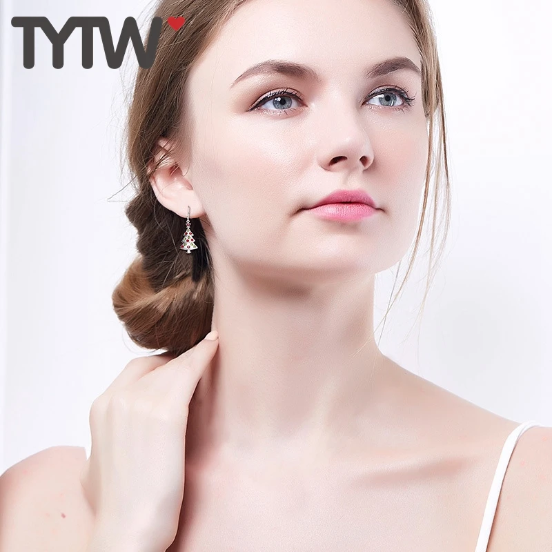 TYTW серебряный цвет хрустальные серьги для женщин Рождественская елка девушка