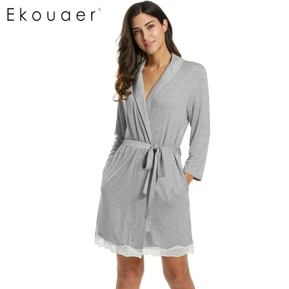 Gray Ekouaer, женское хлопковое кимоно, халат, с отложным воротником, ночная рубашка, Кружевной декор, туника, тонкая одежда для сна, халат с поясом, женская ночная рубашка - Цвет: Gray