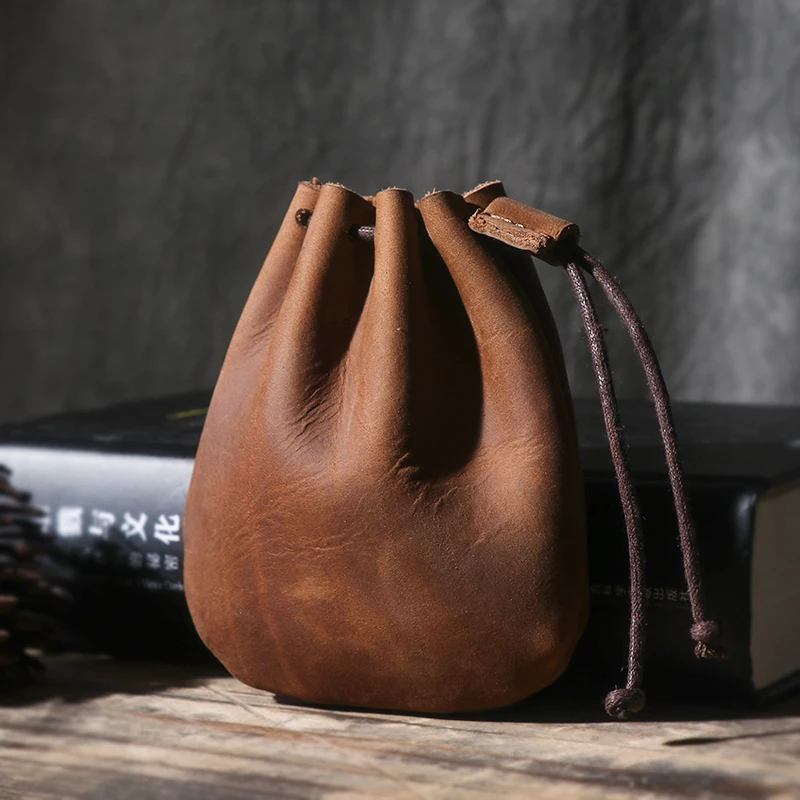 

Original Handmade Crazy Horse Leather Small Unisex Coin Purse Cow Leather Coins Money Pocket Retro Wallet Drawstring Storage Bag