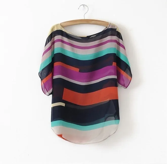 2014 summer new fashion color stripe chiffon tops women's casual loose short-sleeved O-neck shirt blouse Free shopping | Женская