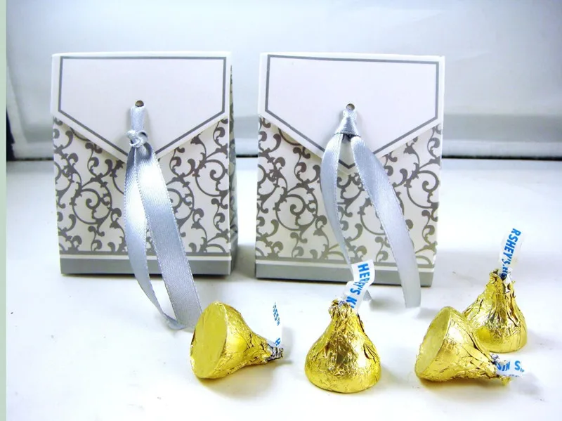 

50 Silver Ribbon Wedding Party Favor Gift Candy Boxes