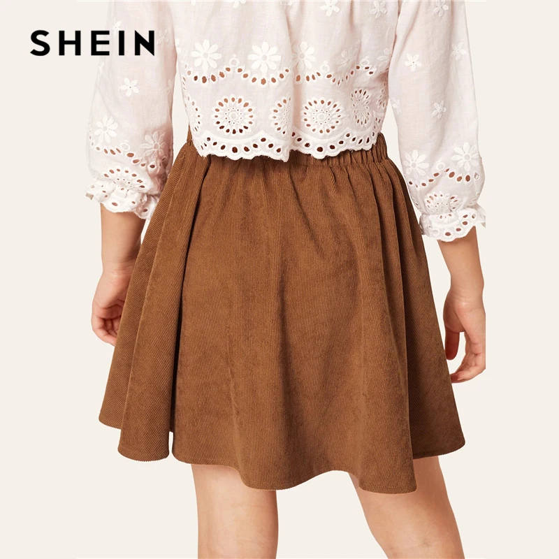 SHEIN Kiddie/коричневая однотонная повседневная детская юбка с пуговицами спереди детская одежда г. Летние расклешенные мини-юбки трапециевидной формы с эластичной резинкой на талии для девочек
