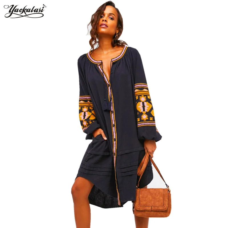 YACKALASI богемное женское платье Лето Vestido свободный вышитый Винтаж Плюс Размер Hoho