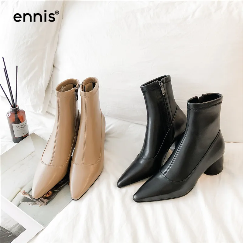 ENNIS Fashion Stretch Ankle Boots Women High Heel Boots Genuine Leather Boots Pointed Toe Shoes Autumn Winter Black A985