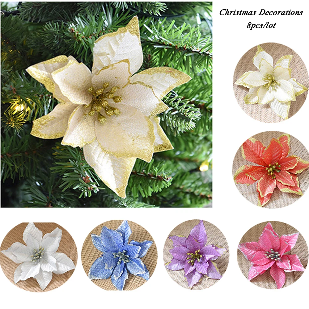

HACOCHU 8PCS/lot 13cm Christmas Decoration Flowers Artificial Flower Navidad Decorations for Home Xmas Tree Decor Party Supplies