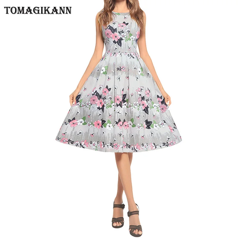 Plus Size Large Swing Women Party Dress 2018 Summer Elegant O Neck Floral Print Sleeveless Lady Dresses | Женская одежда