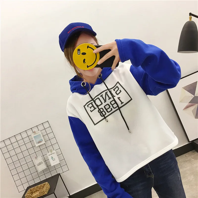 

Autumn Winter Fashion Hoodies Loose Soft White Blue Red combined color Hoodies