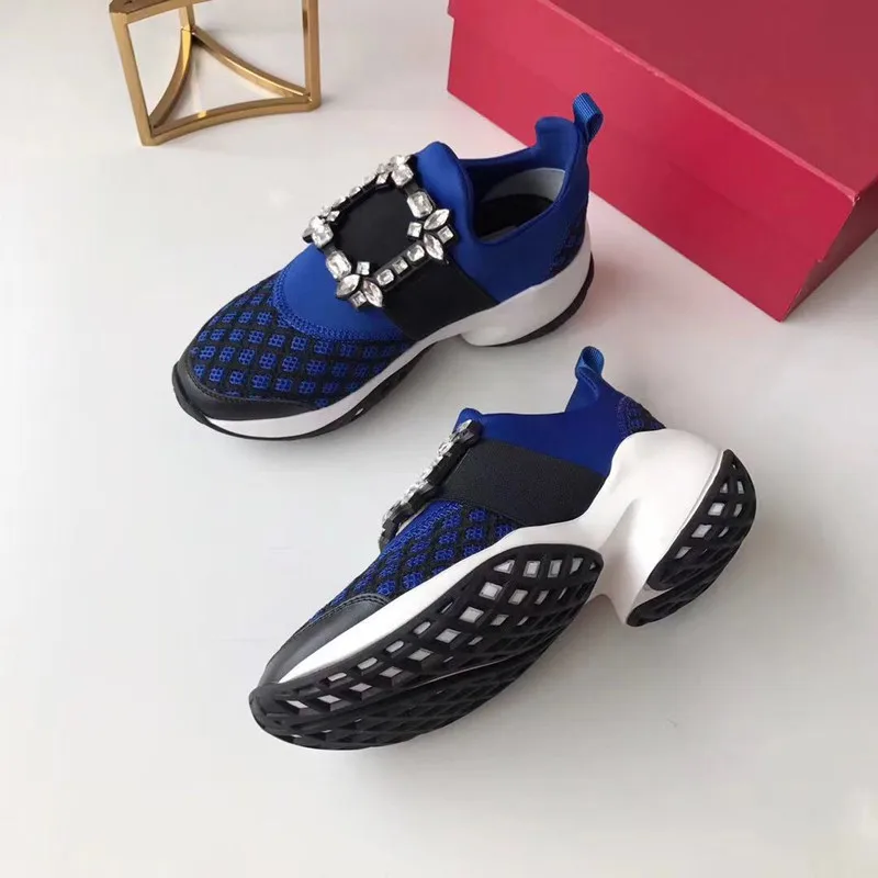 Hot Crystal Square Buckle Mesh Sneakers Women Genuine Leather Platform Thick bottom Flat Breathe Shoes Casual Shoes For Women
