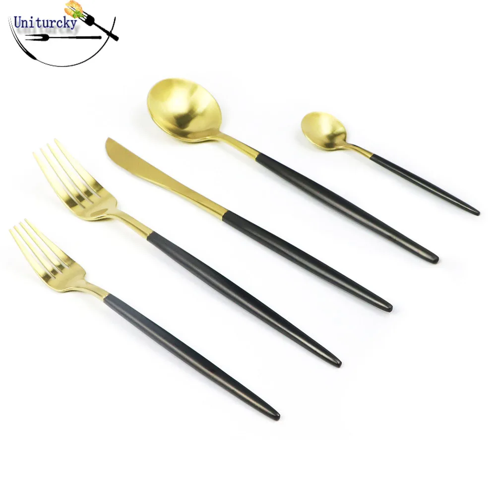 

30Pcs/Lot Gold Plated Stainless Steel Cutlery Set Dinner Set Black Handle Dessert Fork Dinnerware Set TeaSpoon Knife Fork for 6