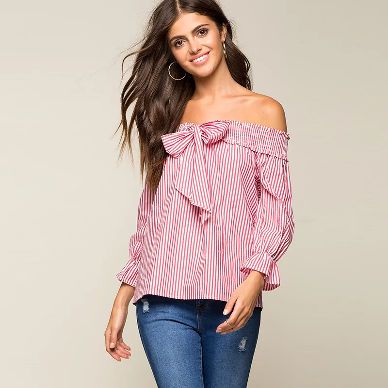 Мода Блузка Рубашка Женщины 2017 Весна Синий И Белый Полосатый Рубашки Женщин