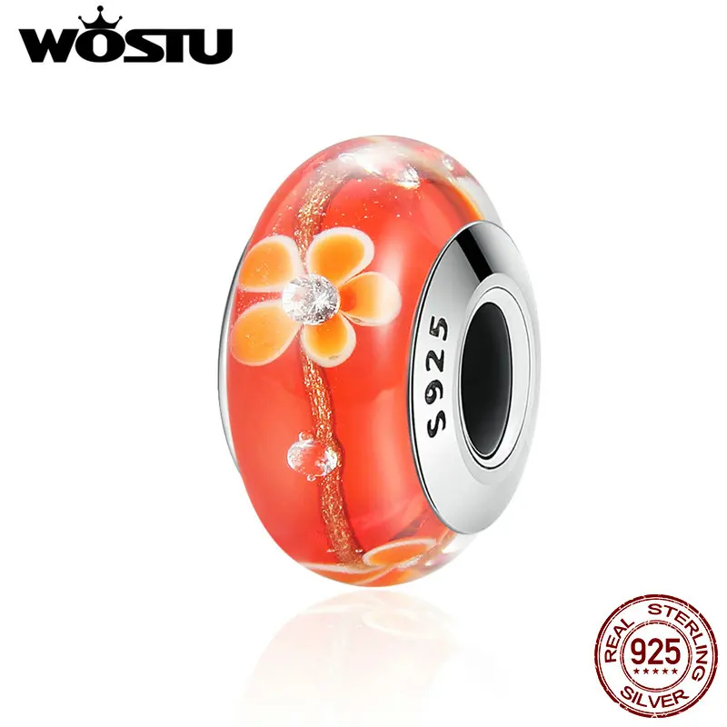 WOSTU серебро 925 пробы цветок оранжевый муранский стеклянный бисер подходит к