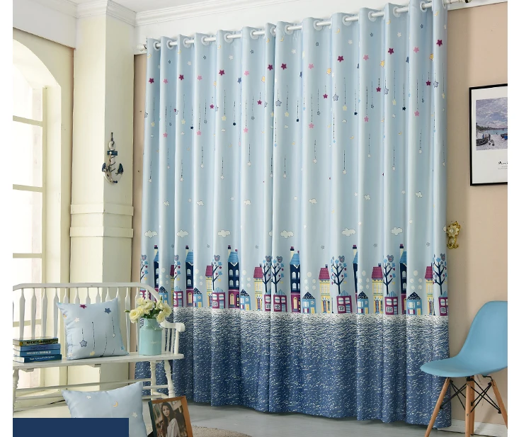 Cartoon Tree Castle Printed Window Curtains for Children Kids Bedroom Living Room Sheer Window Drapes Blue Color