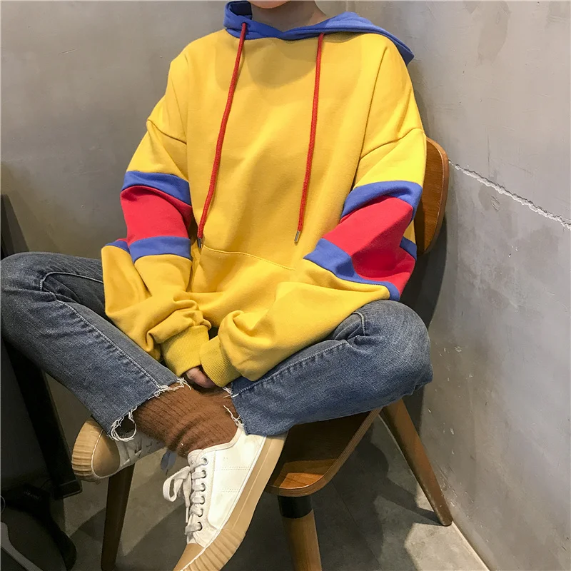 Для женщин кофты японский Harajuku Ulzzang Bf Colorblock толстовка с капюшоном женские