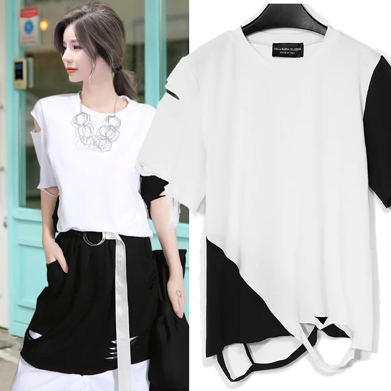 Biutefou Марка Новая мода 2017 летние женские отверстие футболки свободные круглым