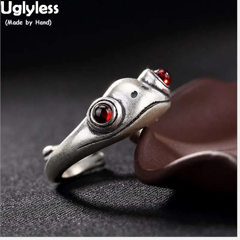 Uglyless Solid 990 изысканное серебряное ювелирное изделие в виде лягушки для женщин, яркие креативные кольца в виде лягушек, дикие драгоценные камни, гранат, открытый палец, кольцо, бижутерия