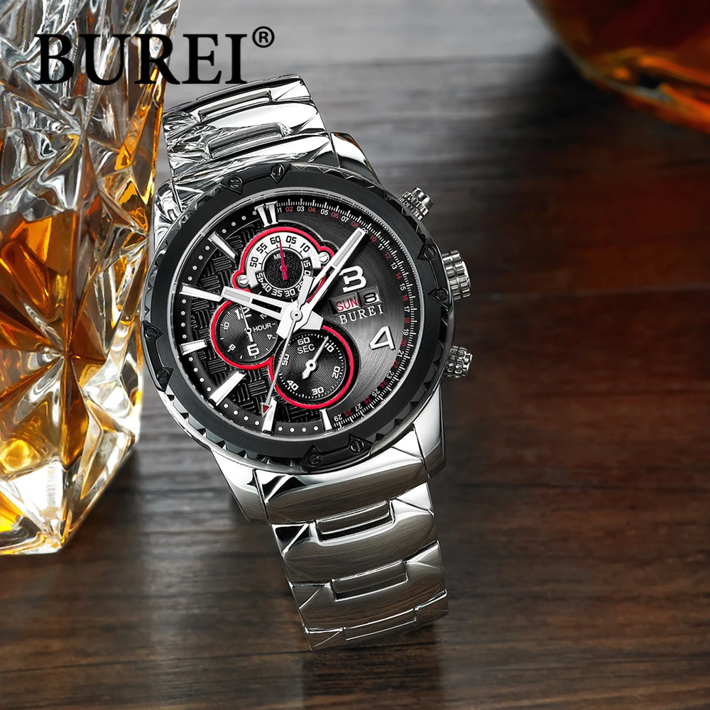 Burei черный нержавеющей стали водонепроницаемые мужские спортивные часы малый